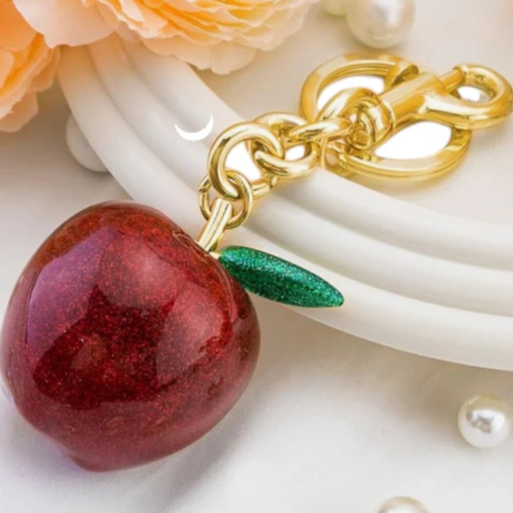 NWT Red Apple Bag Charm Keychain Cute Purse Accessory with Gold Green Leaves